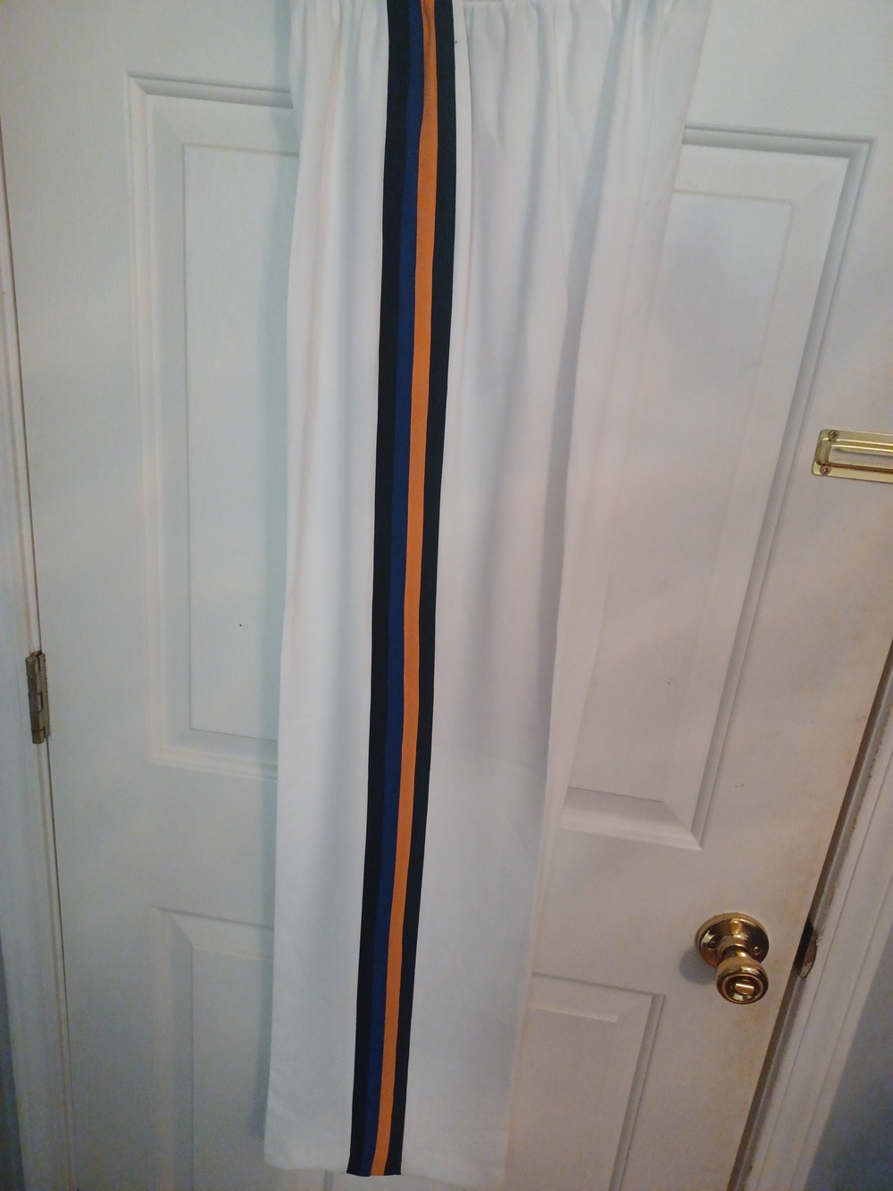 White Curtain Panel with Navy and Mustard Stripes